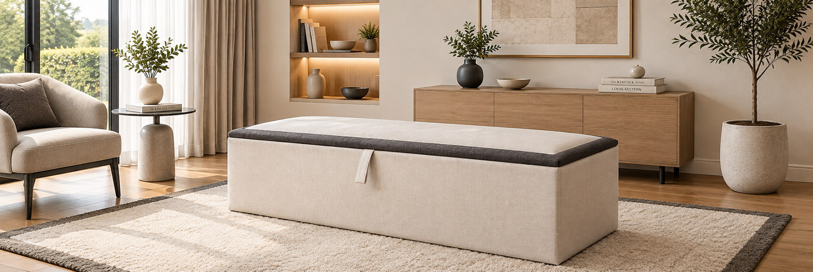 Upholstered blanket box at the foot of a styled bed