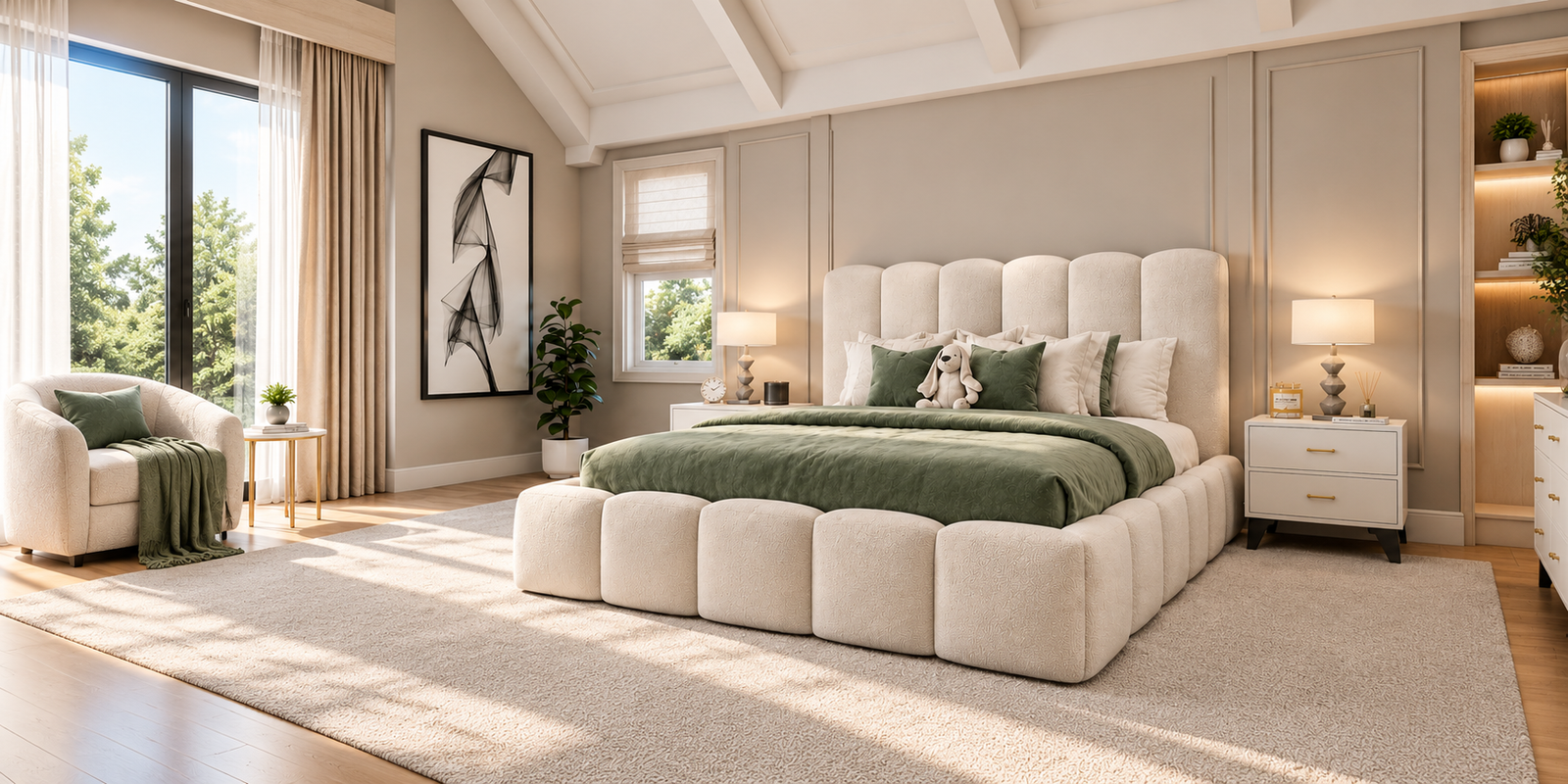Luxury bedroom featuring a forest-green upholstered bed frame with brass accents