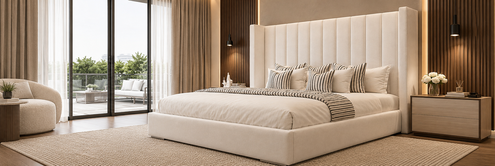 Bedroom styled with a forest-green bed frame and brass side table